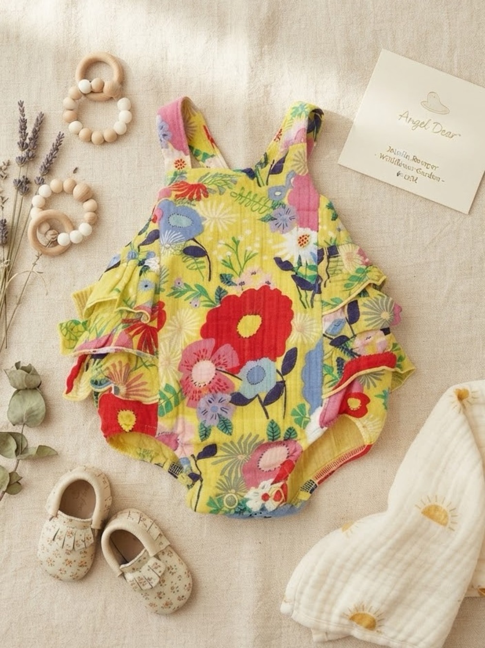 Angel Dear Yellow Floral Ruffle Sunsuit Romper 0-3 months